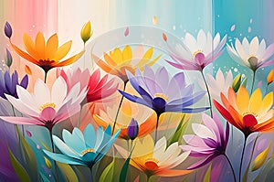 Abstract Background with an Array of Flowers - Blurring into Vibrant Color Splashes, Foreground in Shadow