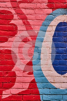 Abstract background asset painted brick wall with red flowers and circular blues and white