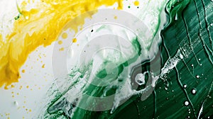Abstract background of ballpoint pens, white paper, green water, yellow powder, AI generated