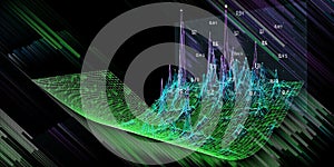 Abstract  background with bending color 3d grid and data dark. Visual presentation screen of analytics 3d algorithms. Big data.