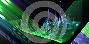 Abstract  background with bending color 3d grid defocus on dark. Visual presentation screen of analytics 3d algorithms.  Banner