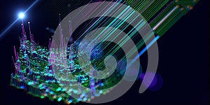 Abstract  background with bending color grid and data on dark. Visual presentation screen of analytics 3d algorithms.  Banner for