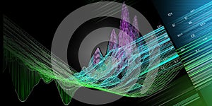 Abstract  background with bending color grid and lines on dark. Visual presentation of analytics 3d algorithms.  Banner for