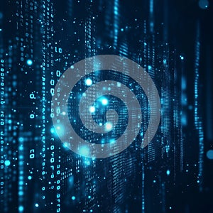 Abstract background with binary code and glowing light rays on a dark blue background