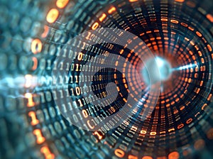 Abstract background with binary code tunnel. Generative AI.