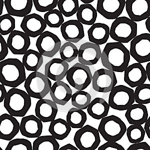 Abstract Background with Black Circles, Vector Seamless Pattern with Round Rush Strokes, Bubbles Simple Hand Drawn