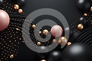 Abstract Background with Black and Golden 3D Spheres Balls Disrupted. Generative AI