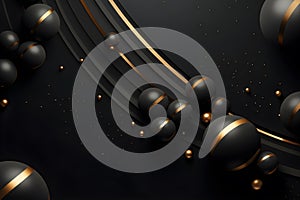 Abstract Background with Black and Golden 3D Spheres Balls Disrupted. Generative AI