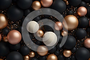 Abstract Background with Black and Golden 3D Spheres Balls Disrupted. Generative AI