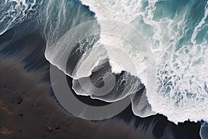 Abstract background of black volcanic sand with blue and white waves. 3D Rendering, The black sand beach in Iceland. Sea aerial