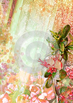Abstract background with blooming flowers and light rays and glare