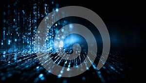 Abstract background with a blue glowing binary code and digital data stream
