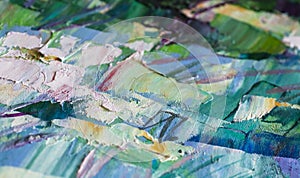 Abstract background of blue-green oil strokes close-up. Horizontal image.