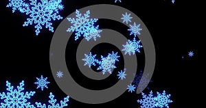 Abstract background of blue neon cold winter Christmas New Year festive glowing snowflakes. Screensaver beautiful