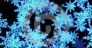 Abstract background of blue neon cold winter Christmas New Year festive glowing snowflakes. Screensaver beautiful