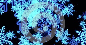 Abstract background of blue neon cold winter Christmas New Year festive glowing snowflakes. Screensaver beautiful video animation