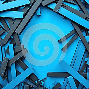 Abstract background of blue paper strips on blue background with empty space in the centre . 3d render photo