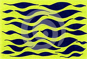 Abstract background of blue wavy stripes on a light green background. Printmaking style.
