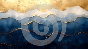 Abstract background with blue, white, and gold layers with texture and glitter