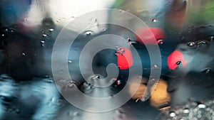 Abstract background blur from a car windshield in looking through many rain drops to the red light at the end of the car, which