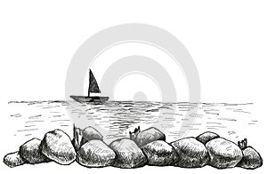 Abstract background of boat in the bottle. Pencil sketch painting style. Black and white. Ship in the sea