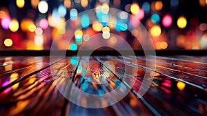 abstract background and bokeh effect of wooden floor, falling balls on the city square.