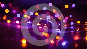 abstract background with bokeh lightning colorful lights scattered on a dark surface, creating a festive and dazzling effect
