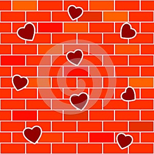 Abstract background with brick wall and hearts. Seamless.