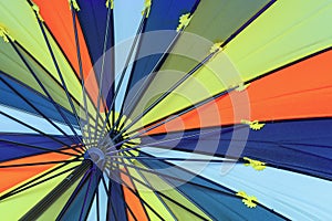 Abstract background of a bright multi-colored umbrella on the inside with spokes