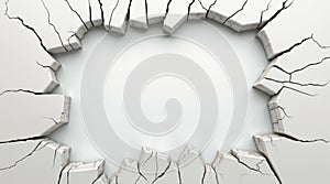 Broken hole in white plaster wall with cracked edges