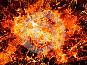 Abstract background of burning coals of fire with sparks