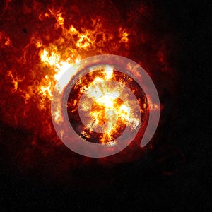 Abstract background of burning planet or sun. Apocalypse. Exploding planet