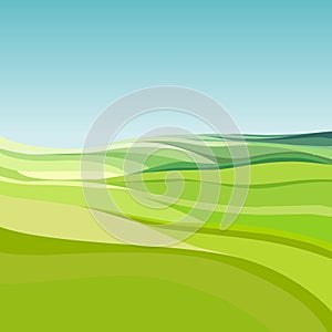 Abstract background of cartoon green fields under a blue sky