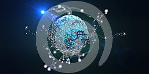 Abstract background with chaotic lines connecting dots of sphere on dark. Analytics algorithms data. Quantum cryptography concept