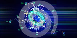 Abstract background with chaotic  lines connecting dots of torus and blurred lines. Analytics algorithms data. Quantum