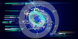 Abstract background with chaotic  lines connecting dots of torus with blurred lines. Big data. Analytics algorithms data. Quantum