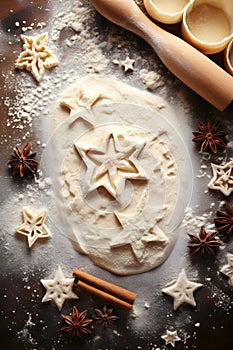 Abstract background with Christmas raw dough star cookies, spices and white baubles.