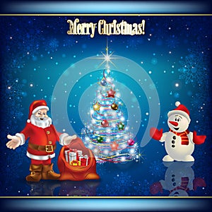 Abstract background with Christmas tree Santa Claus and snowman