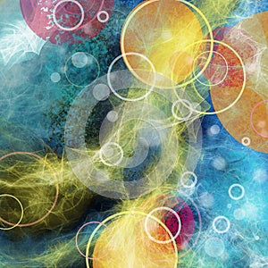 Abstract background with circles shapes, rings, streaks of yellow