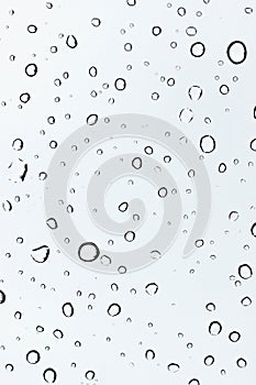 Abstract background of clear droplets of rain on car window