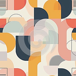 Abstract background with a collage of geometric shapes in pastel colors, creating a seamless pattern