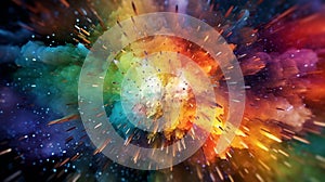Abstract background, color explosion, particles, matte, sharp focus, extreme angle, explosion of color, AI generated