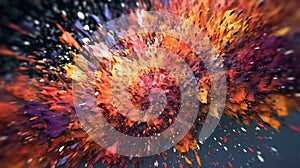 Abstract background, color explosion, particles, matte, sharp focus, extreme angle, explosion of color in the dark, AI generated