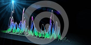 Abstract background color graph wavy grid with spheres and light. Technology wireframe interlacement concept in virtual space. Big