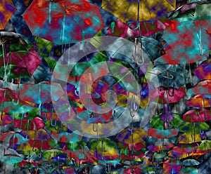 Abstract background with colored and open umbrellas