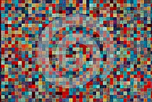Abstract background with colored small square mosaic texture, stylized pencil hatching