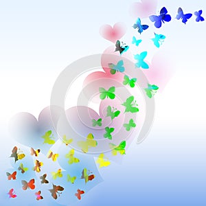 Abstract background with colorful butterfly and hearts in the wa