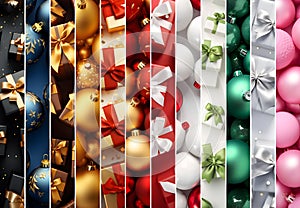 Abstract background with colorful gift and ball stripes in black, golden, red, white, blue, green and pink colors.