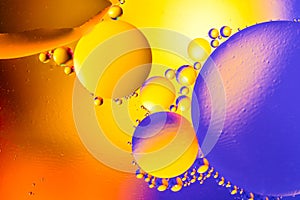 Abstract background with colorful gradient colors. Oil drops in water abstract psychedelic pattern image. Blue orange yellow color