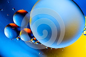 Abstract background with colorful gradient colors. Oil drops in water abstract psychedelic pattern image. Blue orange yellow color